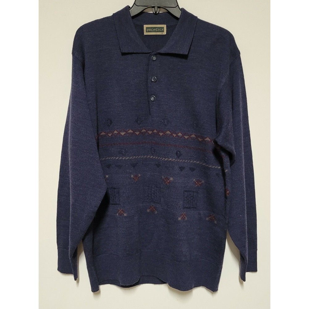 Yucateca Men Sweater Navy Long Sleeve 1/4 Button Up Patterned Wool Blend Medium